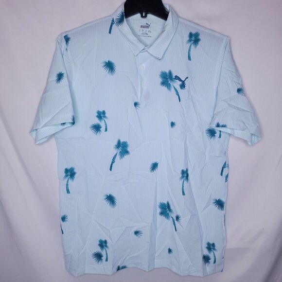 Puma Hawaiian Polo Shirt Mens Large Striped Blue, White - Picture 1 of 11